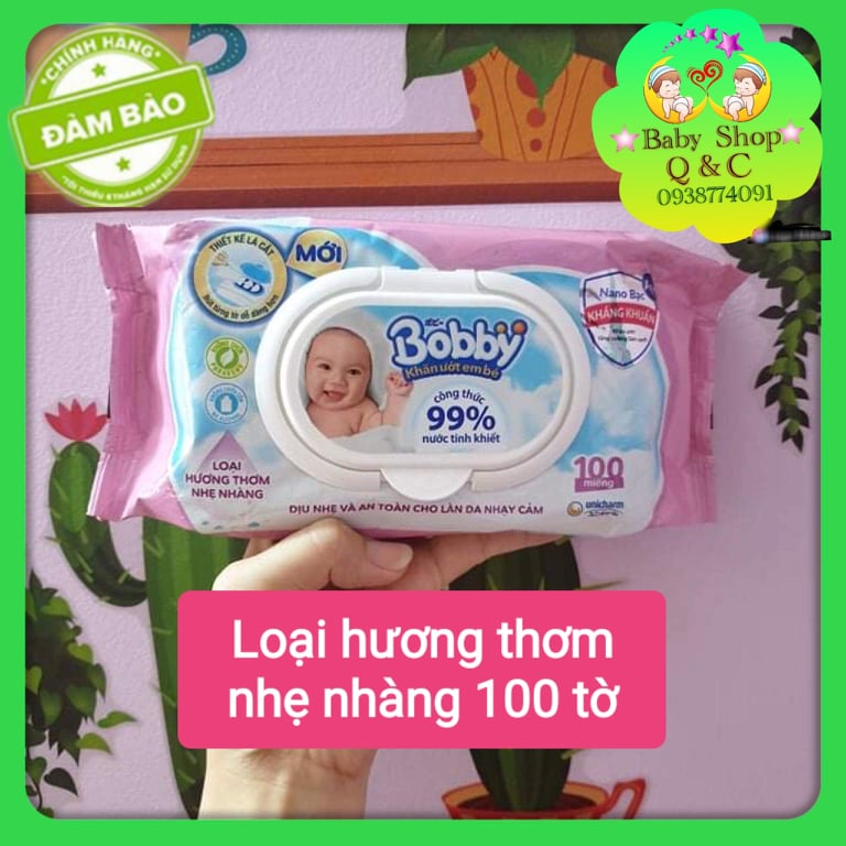 [HCM]**LẺ 1 GÓI**KHĂN ƯỚT BOBBY CÓ MÙI HƯƠNG MÀU HỒNG 100 TỜ