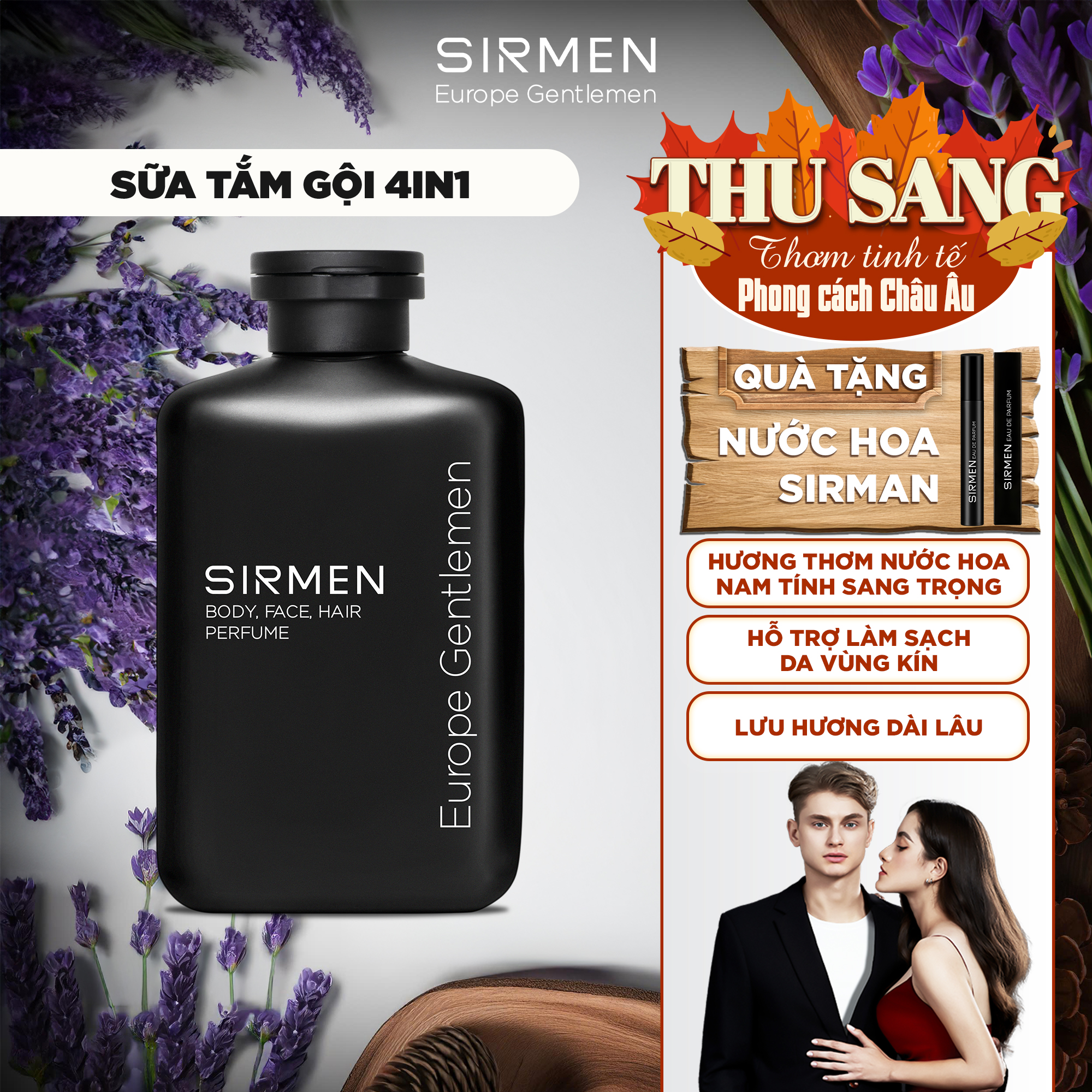 Sữa tắm gội nam 4 in 1 hương nước hoa châu Âu SIRMEN Europe Gentlemen dòng cao cấp 350g chiết xuất tự nhiên công nghệ EU-Nano đậm đặc gấp 2 lần