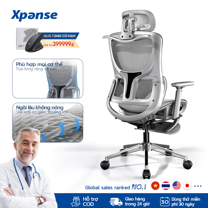 Xpanse LS918 Ghế công thái học ghế văn phòng có đệm chân, chân thép nâng cấp