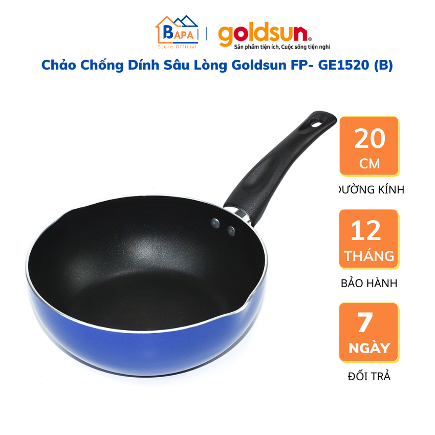 Chảo nhôm chống dính sâu lòng size 20 Goldsun FP- GE1520 - Chảo sâu lòng mini có miệng rót - Đường kính 20cm - Đáy dày 5 lớp - Lớp chống dính lớp chống dính Okitsumo bền bỉ, của Nhật Bản- Bảo hành 12 tháng - Lỗi đổi trả 7 ngày