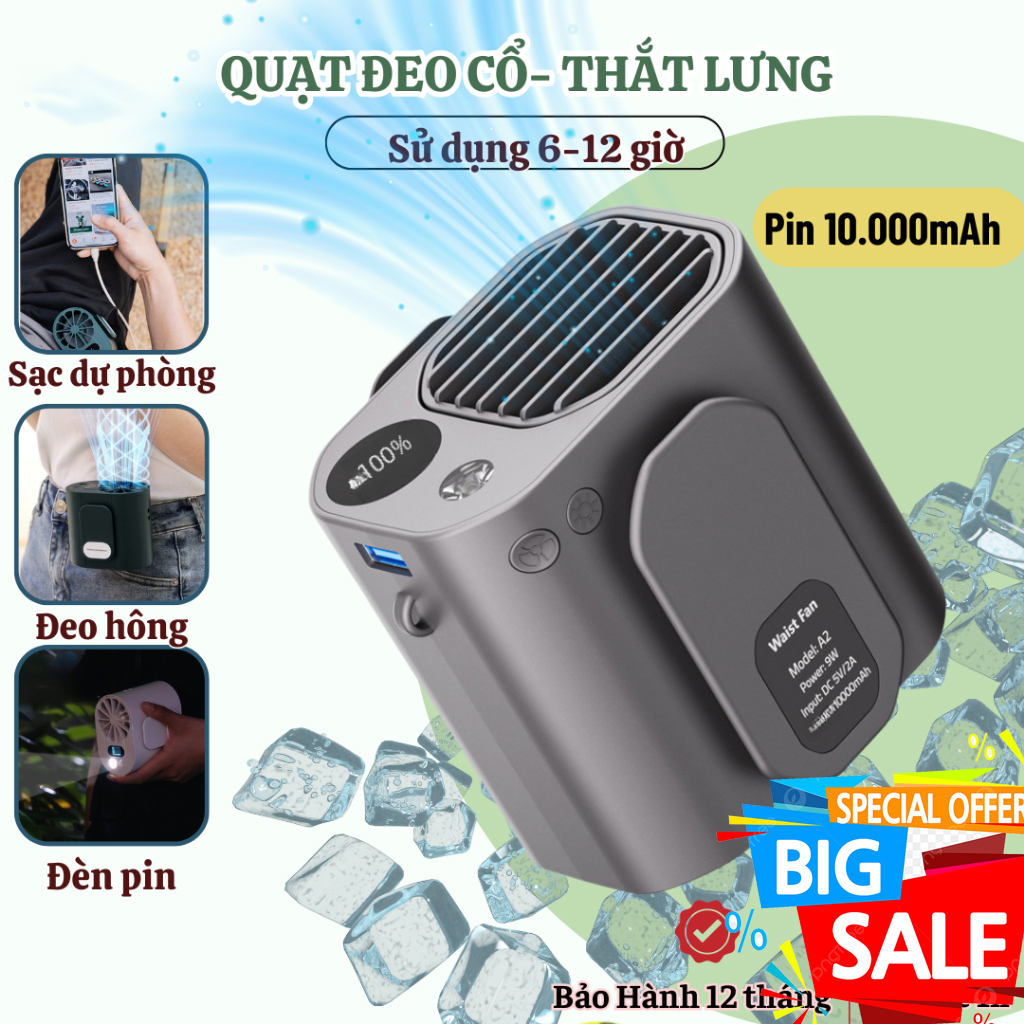 Quạt Đeo Thắt Lưng Tích Điện Gió Siêu Mát, Áo Quạt Điều Hòa Pin 10.000mAh Thời Gian Dùng 6-12h Có Cổng Sạc Điện Thoại