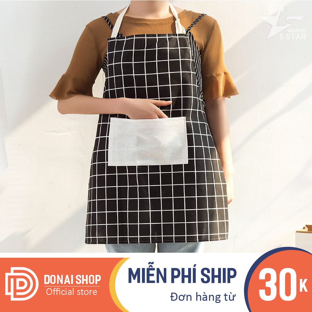 Tạp dề đầu bếp, nội trợ kiểu Nhật chống thấm nước, chống dầu bắn kẻ vuông có ngăn túi phía trước 40.TDNA.DONAI