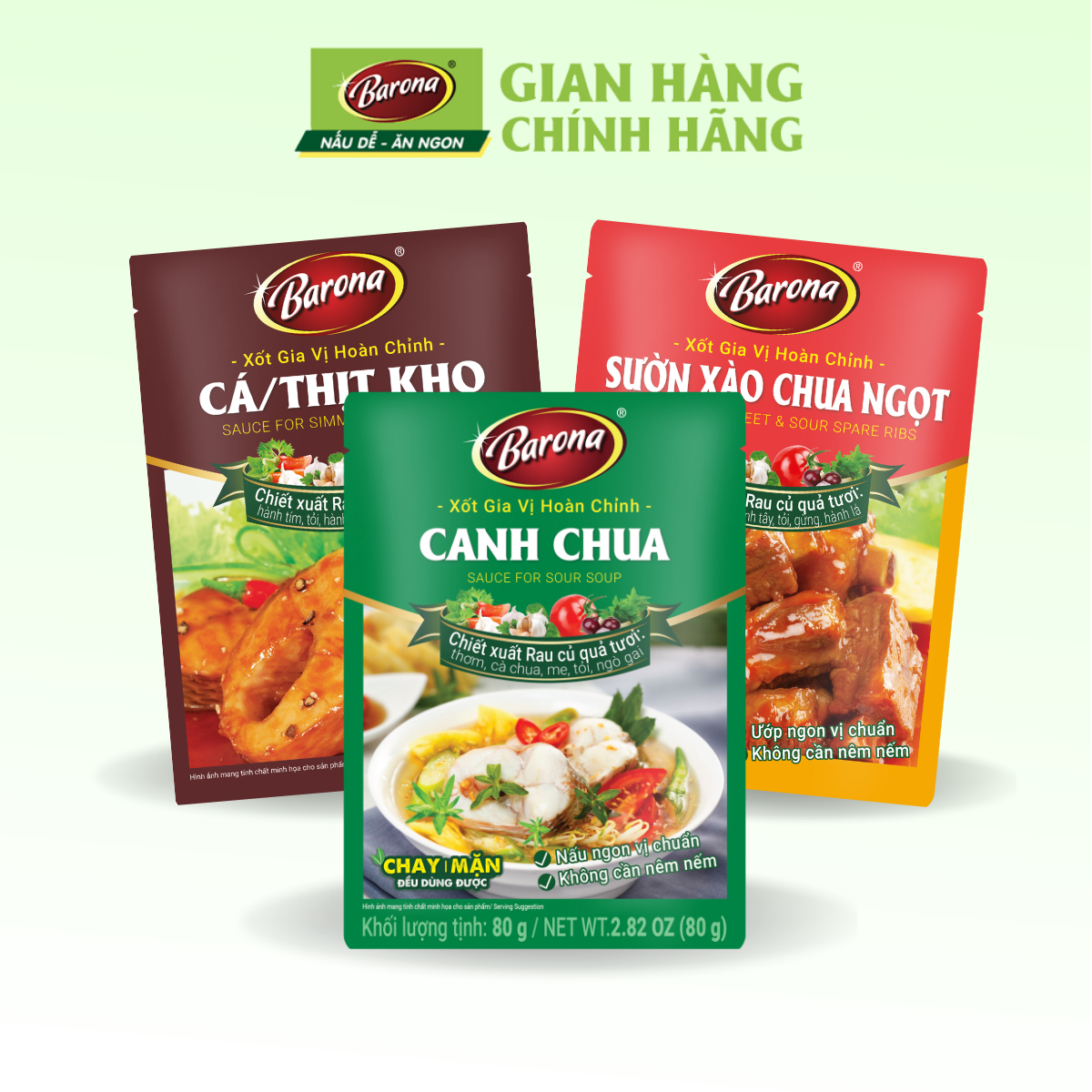 Combo 1 Gói Gia Vị Cá/ thịt kho Barona 80g + 1 gói Sườn xào chua ngọt 80g + 1 gói Canh chua 80g chay mặn dùng được