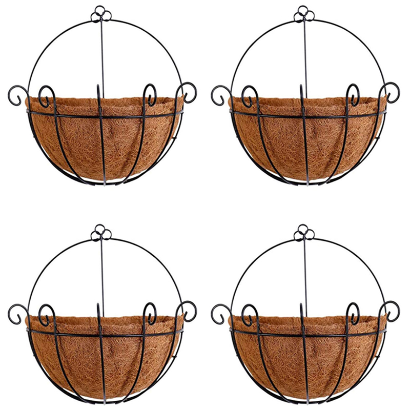 Metal Hanging Planter Basket with Coco Coir Liner Wall Mount Wire Plant Holder for Indoor Outdoor Garden Porch