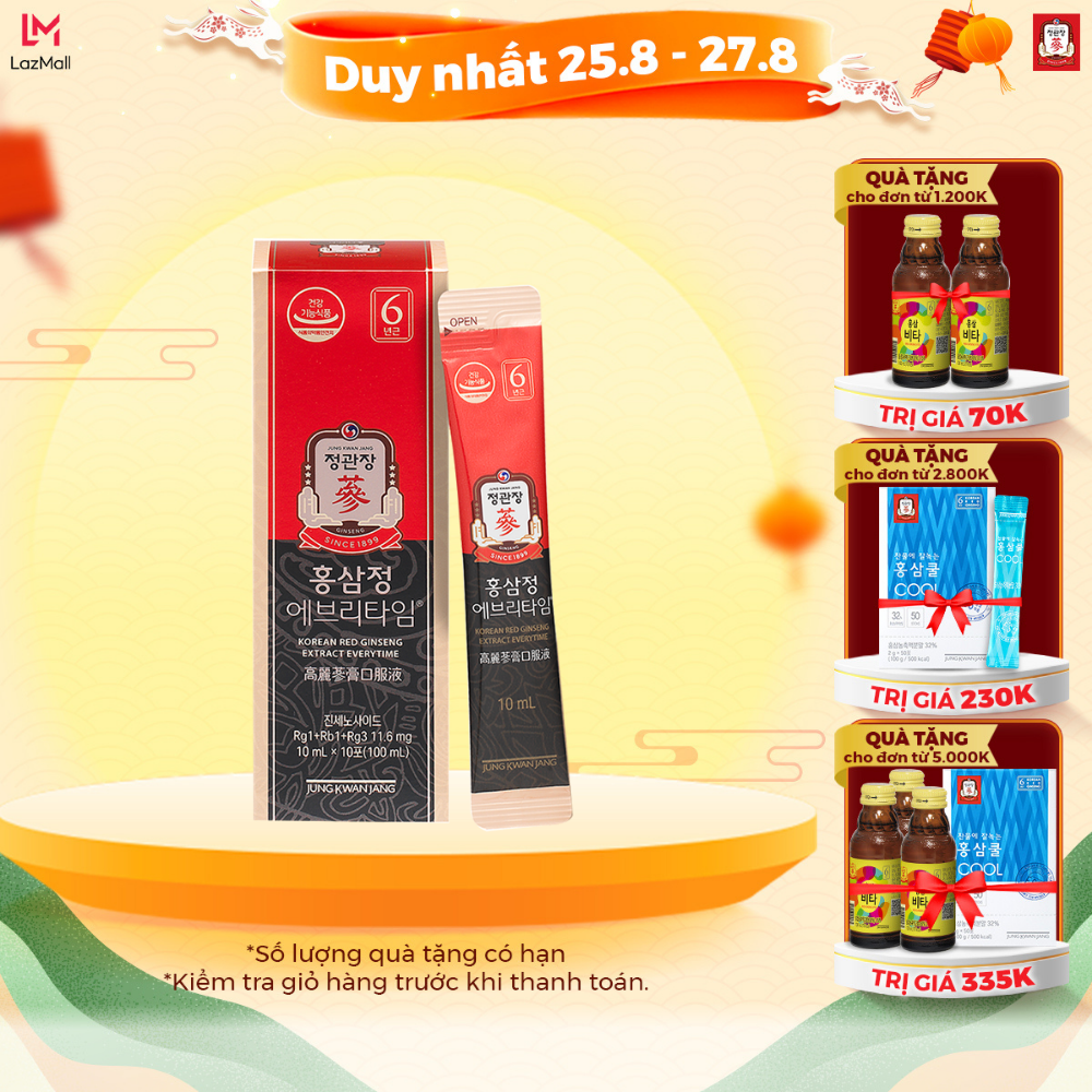 Hộp 10 Gói Tinh Chất Hồng Sâm Hàn Quốc Pha Sẵn KGC Jung Kwan Jang EveryTime Original (10ml x 10 gói)