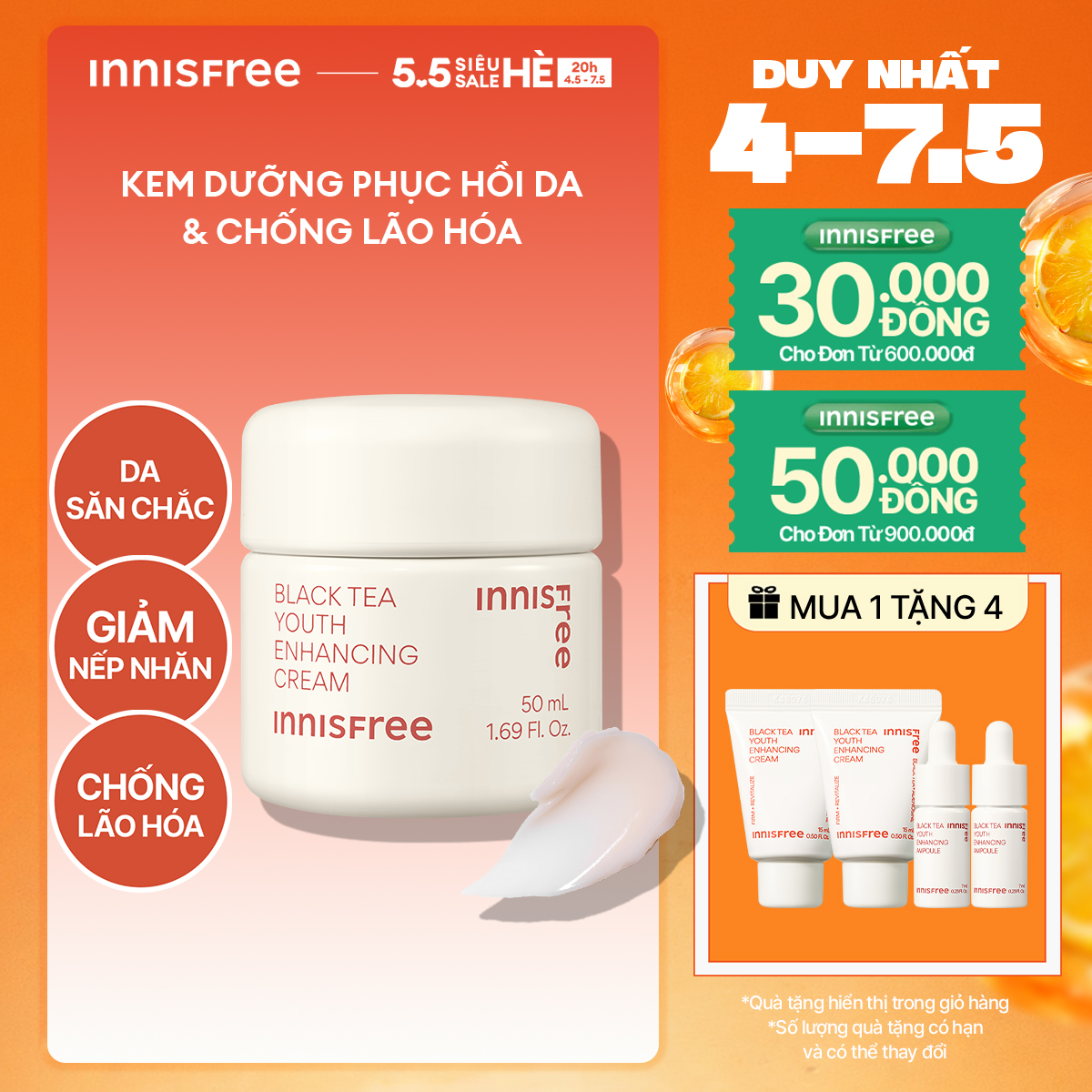 Kem dưỡng da ban đêm ngăn ngừa lão hóa từ trà đen INNISFREE Black Tea Enhancing Cream 50 mL