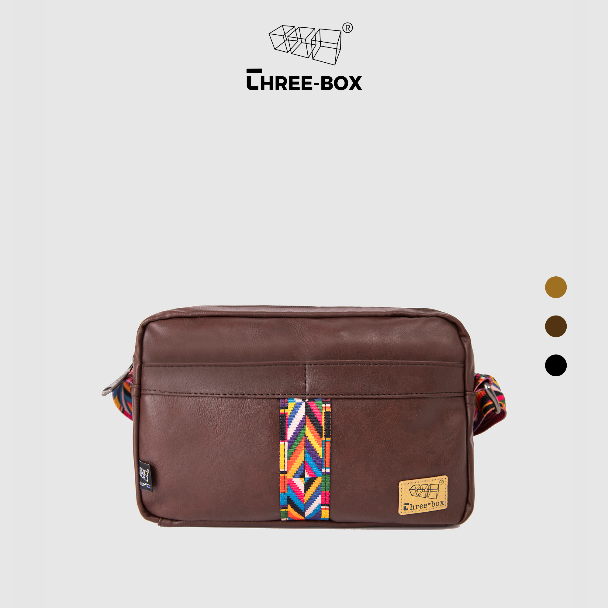 Túi da đeo chéo Unisex dáng ngang phối họa tiết thổ cẩm chính hãng Three-Box - MS3577