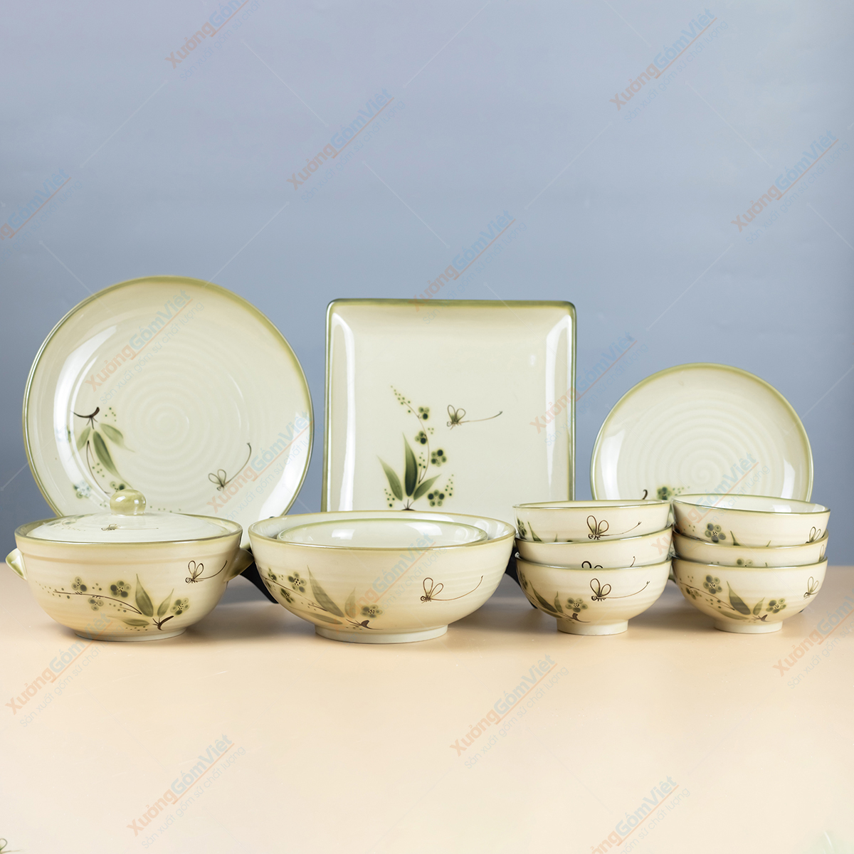 Bộ bát đĩa chuồn xanh 12 món gồm 6 bát cơm,1 đĩa vuông, 2 đĩa tròn, 1 âu cơm, 2 tô - hàng thủ công gốm sứ bát tràng