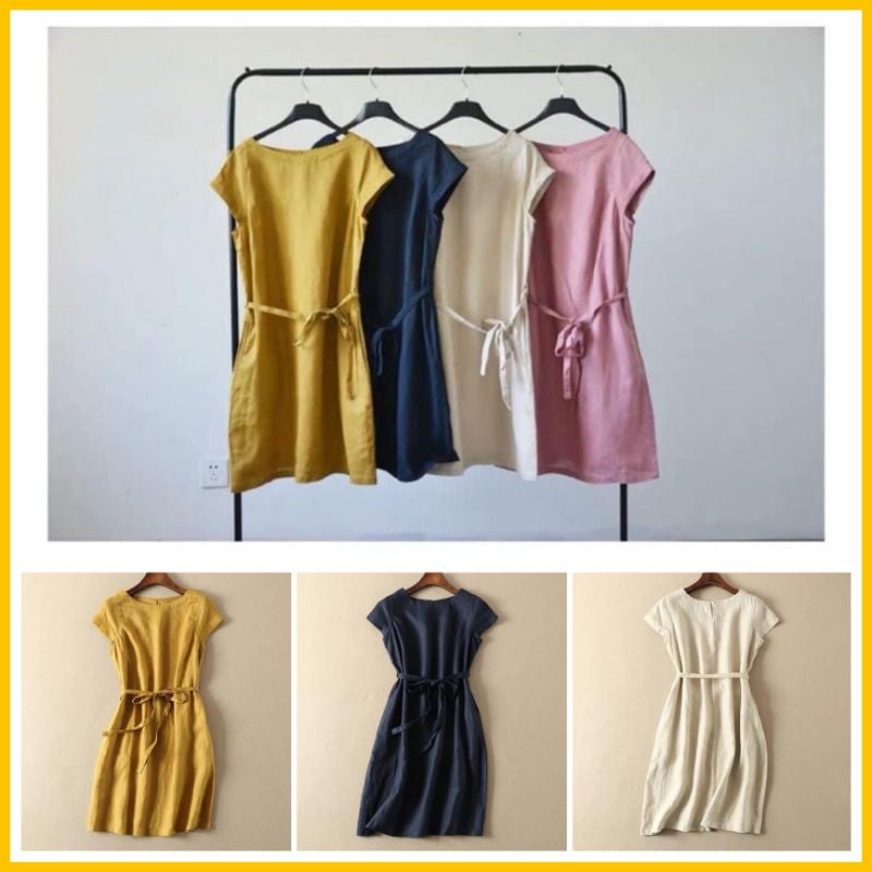 Đầm linen dáng suông cổ tròn tay hến kèm dây đai nha các chế