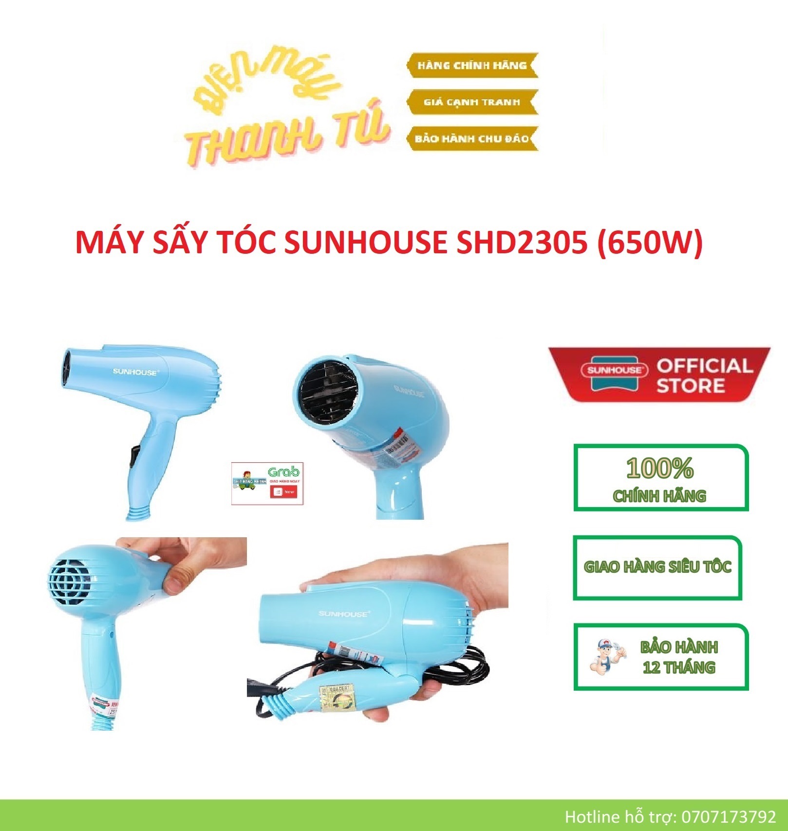 Shd2305 – máy sấy tóc sunhouse 650w – bảo hành chính hãng 12 tháng