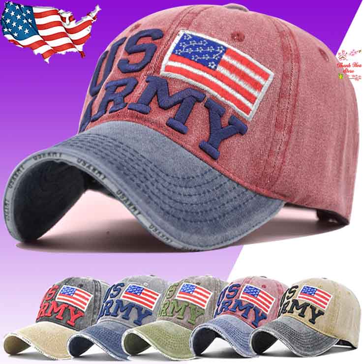 Nón kết Jean - Mũ lưỡi trai nam nữ thời trang vải chuẩn cotton màu kaki/đỏ/xanh thêu logo nổi hình US Army phong cách Âu, Mỹ đẹp, cực chất