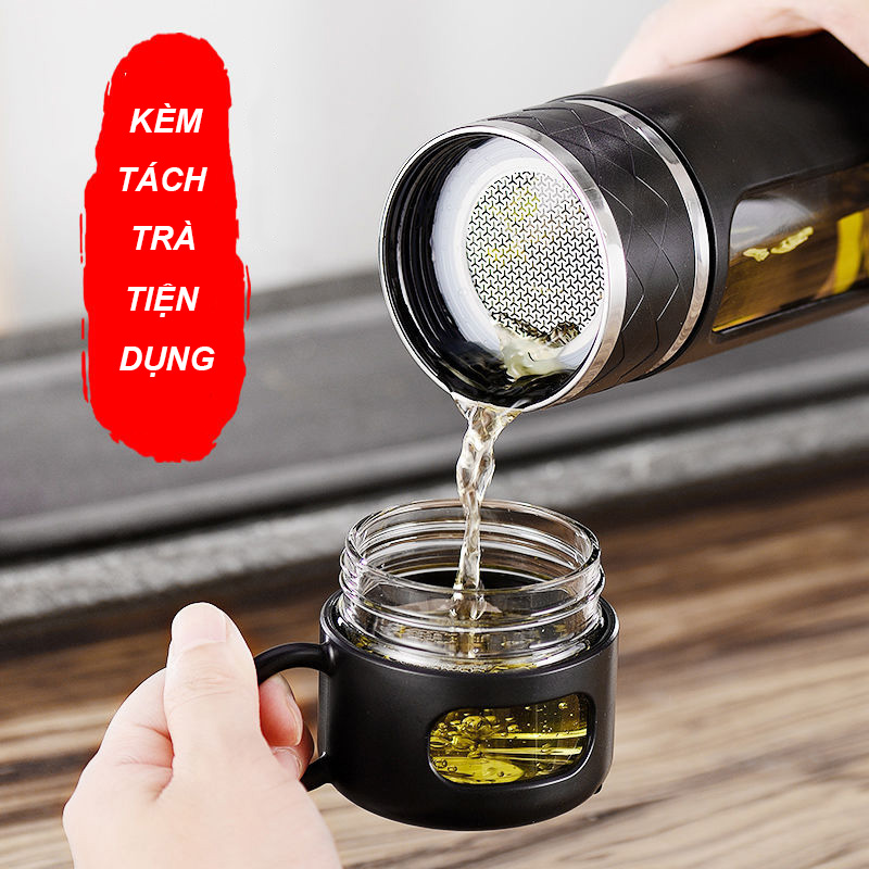   Xả Kho  Bình trà Bình thủy tinh pha trà 2 lớp BT-08 Dung tích 520ml Bình pha trà Chai thủy tinh pha trà kèm Cốc uống trà tiện lợi 