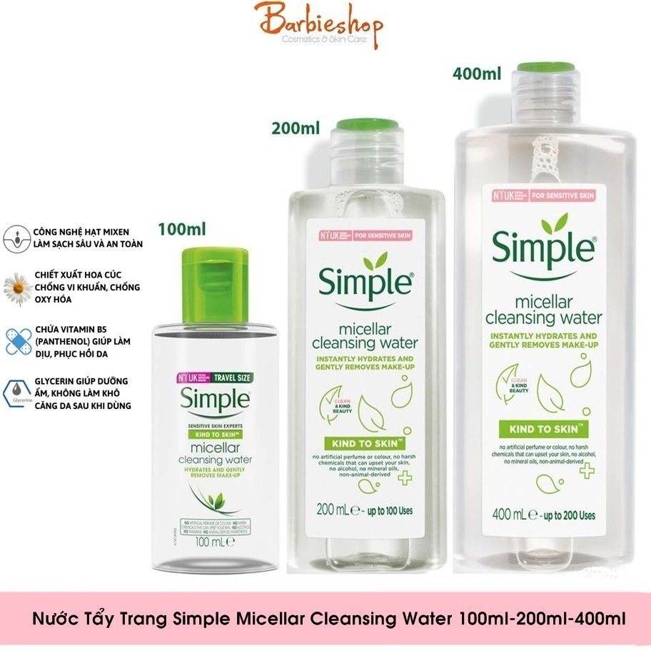 Nước Tẩy Trang Simple Micellar Cleansing Water Mẫu Mới (100ml-200ml-400ml)