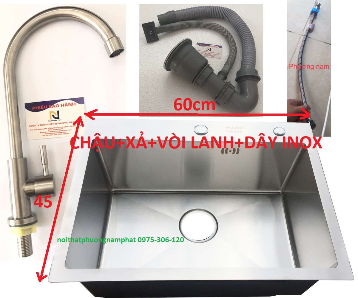 Chậu rửa chén bát inox sus 304 n17 6045 na.grand và bộ xả chậu thoát nước và vòi rửa chén lạnh và dây inox