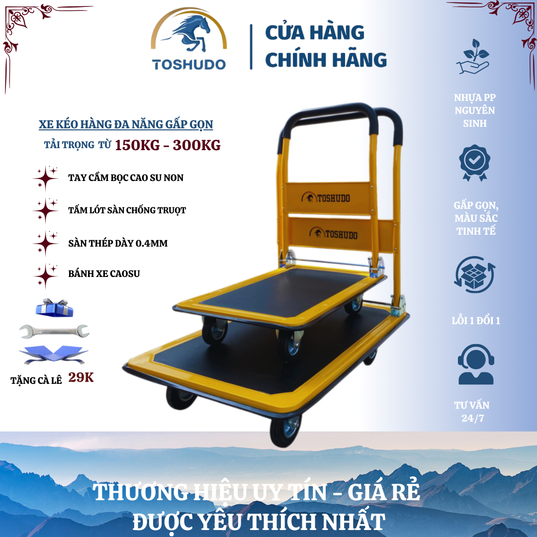 (Siêu Bền) Xe Đẩy Hàng TOSHIDO Thép Tải Trọng 150-250kg Gấp Gọn Chuyển Hàng Hóa Tiện Lợi