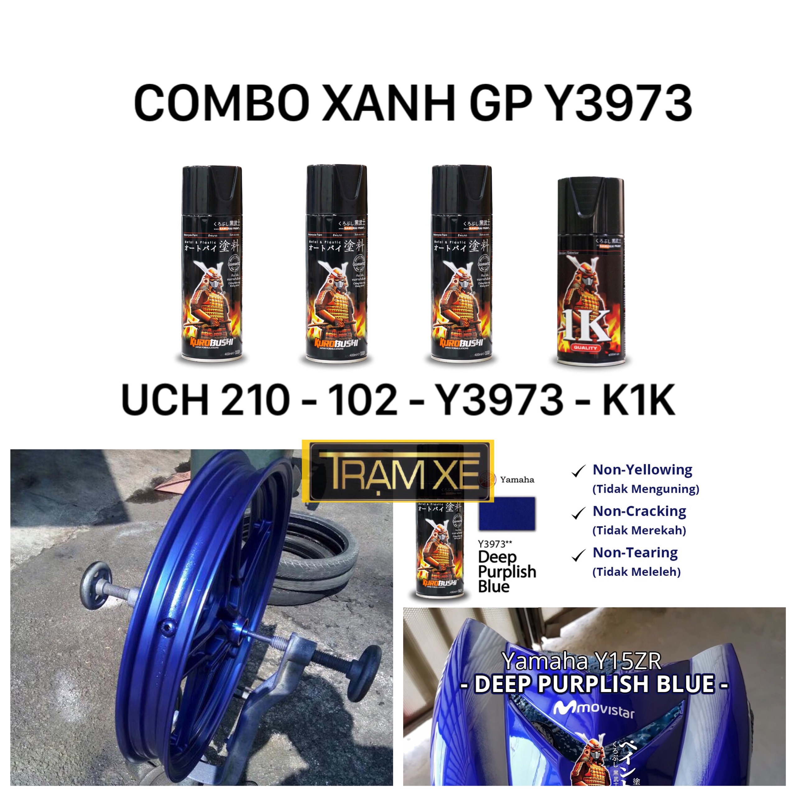 COMBO Sơn xịt Samurai màu Xanh GP Exciter Y3973 gồm 4 chai đủ quy trình bền đẹp - Trạm Xe 1368 dễ dàng sử dụng dành cho mọi dòng xe