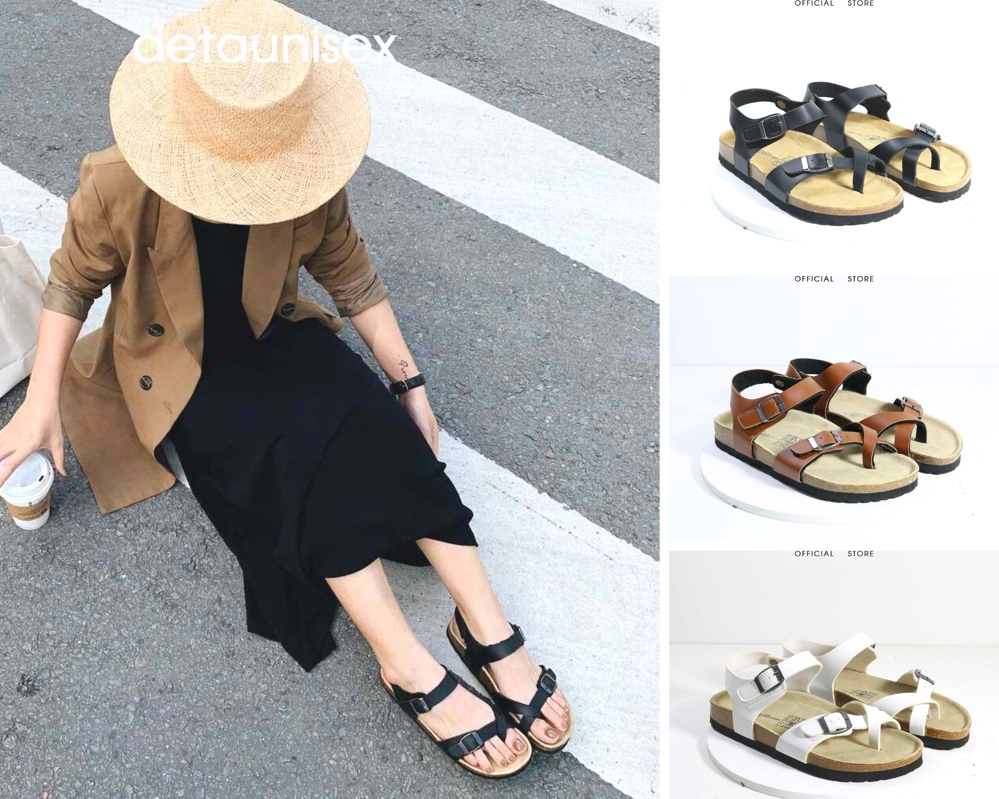 Giày sandal xỏ ngón đế trấu nam nữ quai dán Detaunisex 3 màu Đen Bò Trắng - SATA22