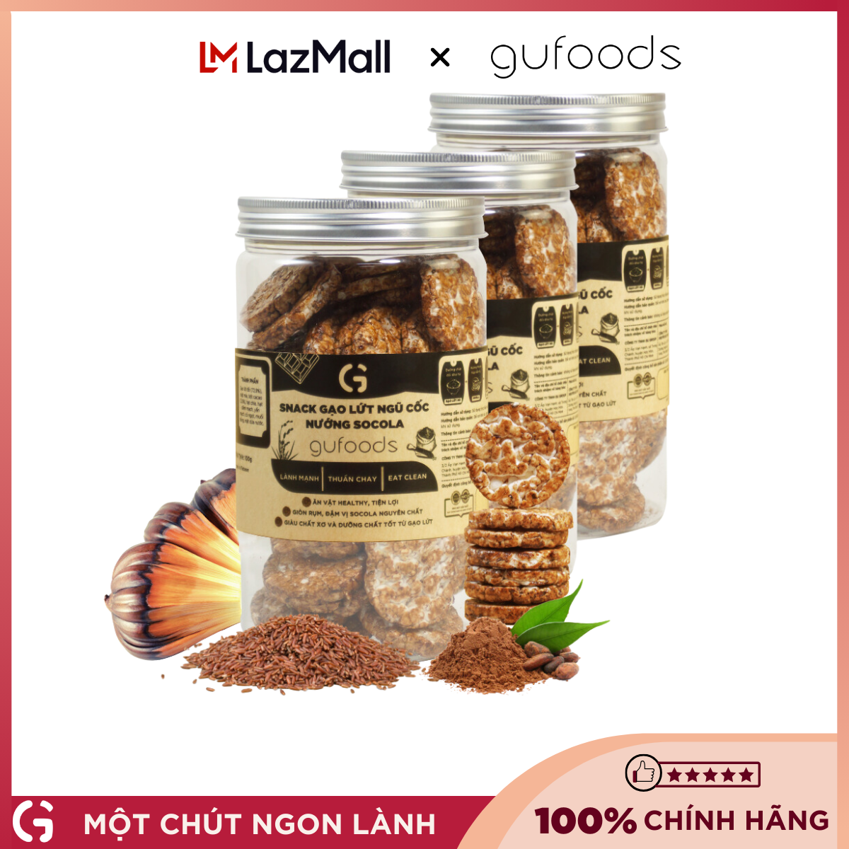 Combo 3 hũ Snack gạo lứt ngũ cốc nướng socola GUfoods (mỗi hũ 100g) - Giòn rụm, Thơm ngon, Ăn vặt healthy, Eat clean, Thuần chay