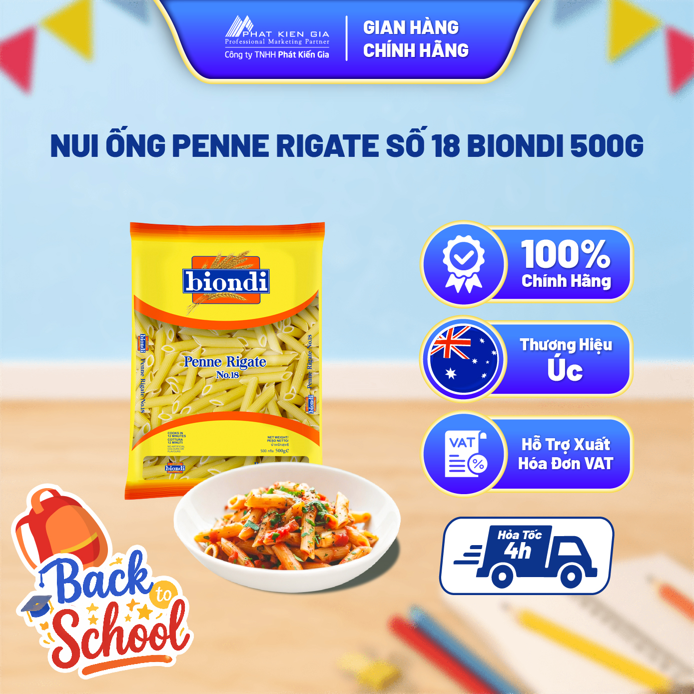 Nui Ống Penne Rigate Số 18 Biondi 500g - Thương Hiệu Úc, SX Thái Lan | Biondi Penne Rigate No.18 500g