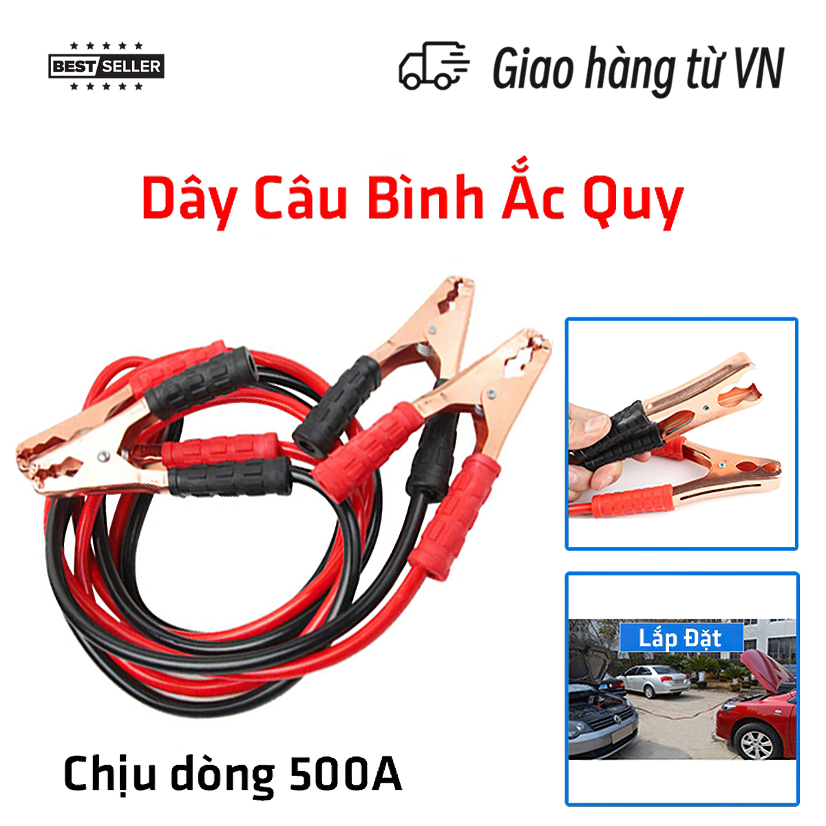 Dây câu bình ắc quy ô tô lõi đồng - 500A, kích điện ắc quy cứu hộ ô tô 2m/3m