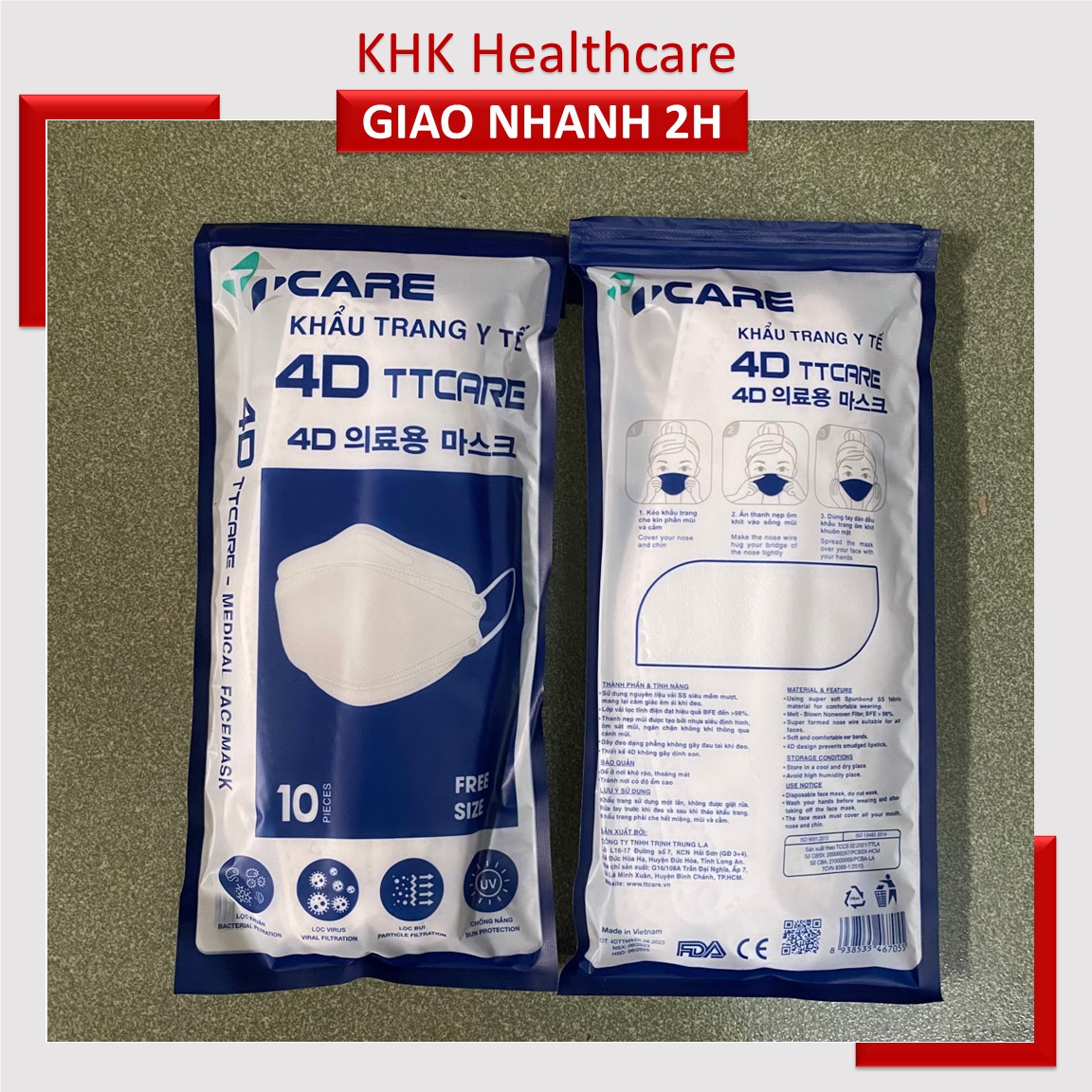 Khẩu trang y tế kháng khuẩn 4D KF94 TT Care (gói 10 cái)
