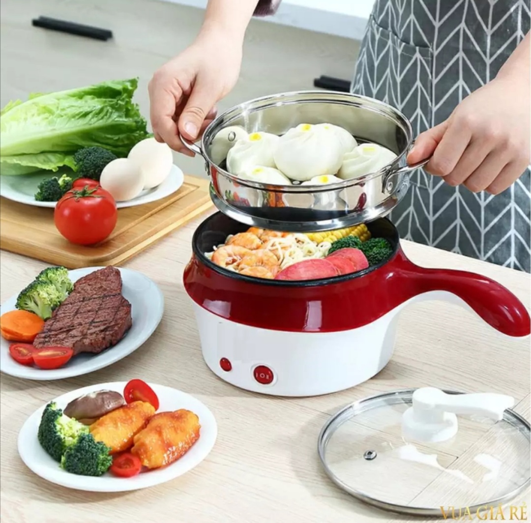 Nồi lẩu điện đa năng, ca nấu mỳ mini đa năng 2 tầng có lồng hấp. Size 18 cm. Nồi chống dính, dễ dàng vệ sinh
