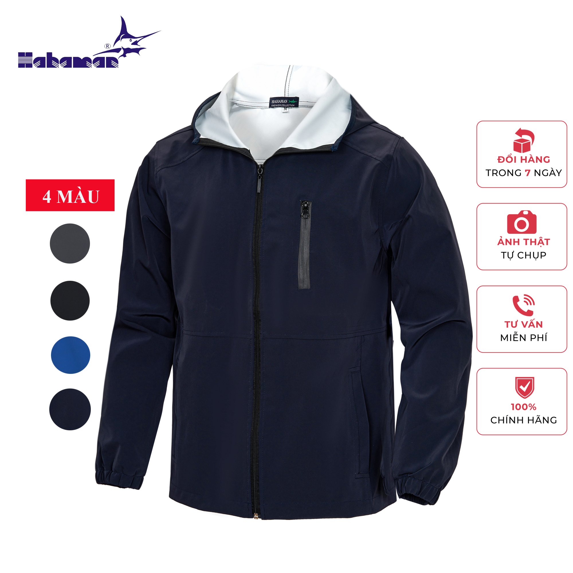  Áo khoác dù nam HAHAMAN ép su có nón,dây kéo ngực cao cấp chống thấm nước tuyệt đối AKDN3010 