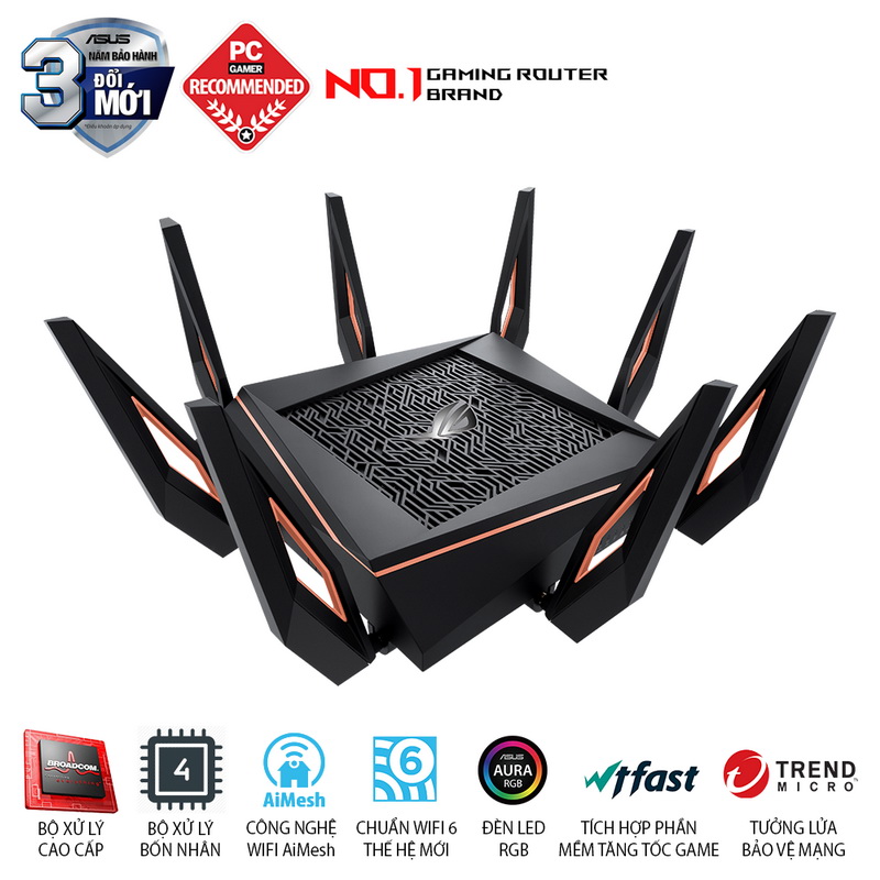 [Trả góp 0%]Thiết bị mạng ASUS ROG Rapture GT-AX11000 (Gaming Router) - WIFI6 AX11000 WTFast AiMesh 360 WIFI Mesh 3 băng tần chipset Broadcom AiProtection USB 3.0