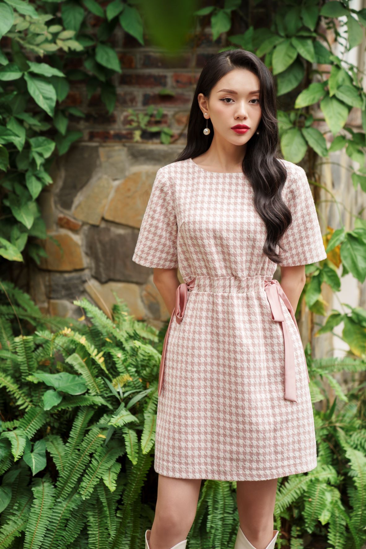 De leah - đầm suông tweed nơ eo - thời trang thiết kế
