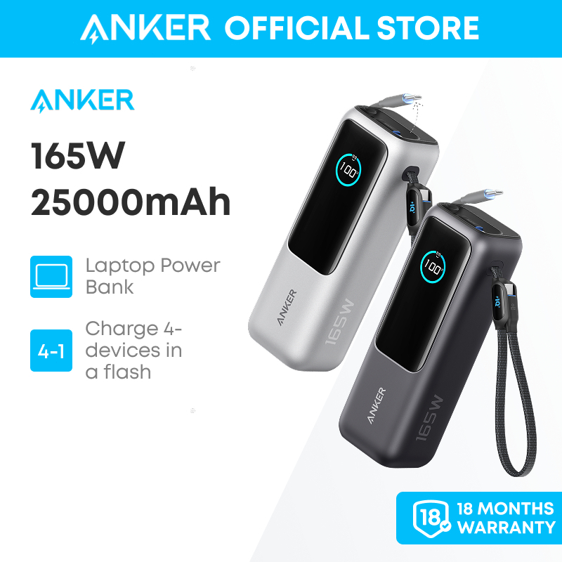 【CCC certified】sạc dự phòng, Anker Power Bank 25,000mAh Portable Charger with Triple 165W USB-C Ports for Multi-Device Charging, Tích hợp cáp USB-C có thể thu gọn, Built-In and Retractable Cables, for iPhone 17/ 17 Air/ 17 Pro series, Model: A1695