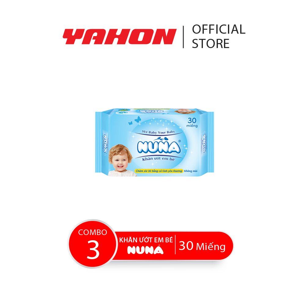 Combo 3 bao khăn ướt em bé nuna không mùi, 30 miếng/bao