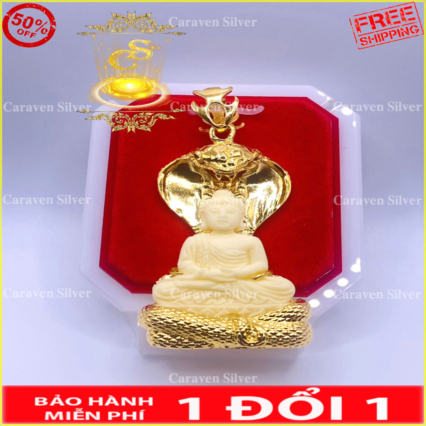 Mặt phật ngồi thiền được mãn xà che mưa mạ vàng 18k - Kích thước 3.3x6cm, họa tiết rõ nét, sắc xảo, công nghệ xi hiện đại - Caraven silver - QC - mặt dây chuyền nam, mat day chuyen nam, mat day chuyen ma vang, mat day chuyen ma vang