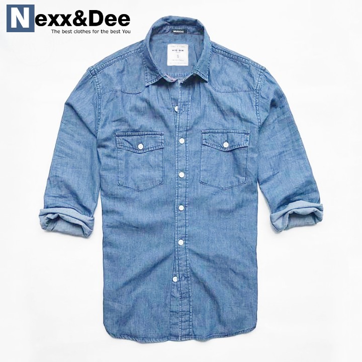 Áo sơ mi nam tay dài denim Nexx & Dee hai túi công sở màu trắng vải jean trung niên cao cấp SM10