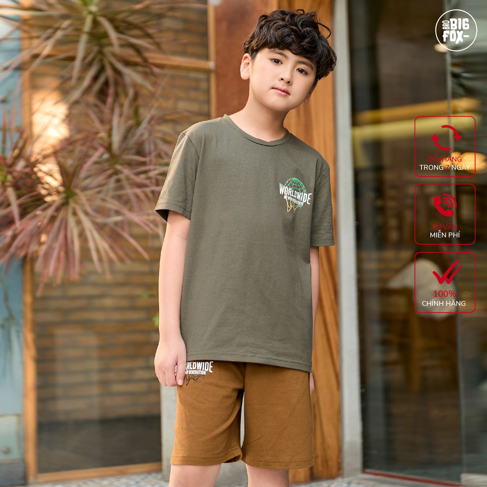 Bộ bé trai size đại Bigfox Miss Meow mùa hè style Hàn dáng cộc tay chất cotton, hình in đẹp cỡ 12-15 tuổi, 40kg -50kg