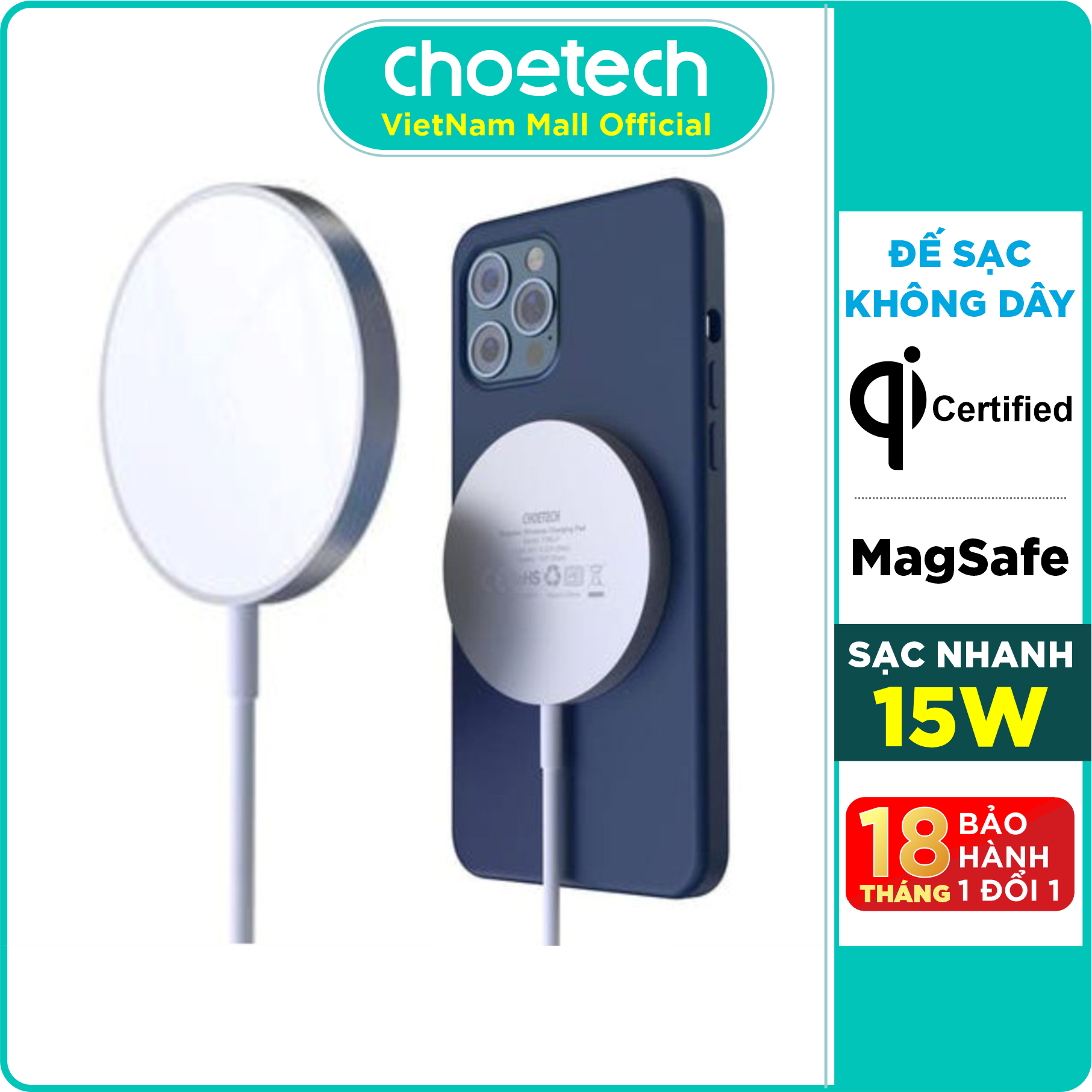 Đế Sạc Không Dây MagSafe Nam Châm 15W Cho iPhone CHOETECH T518 - Hàng Chính Hãng