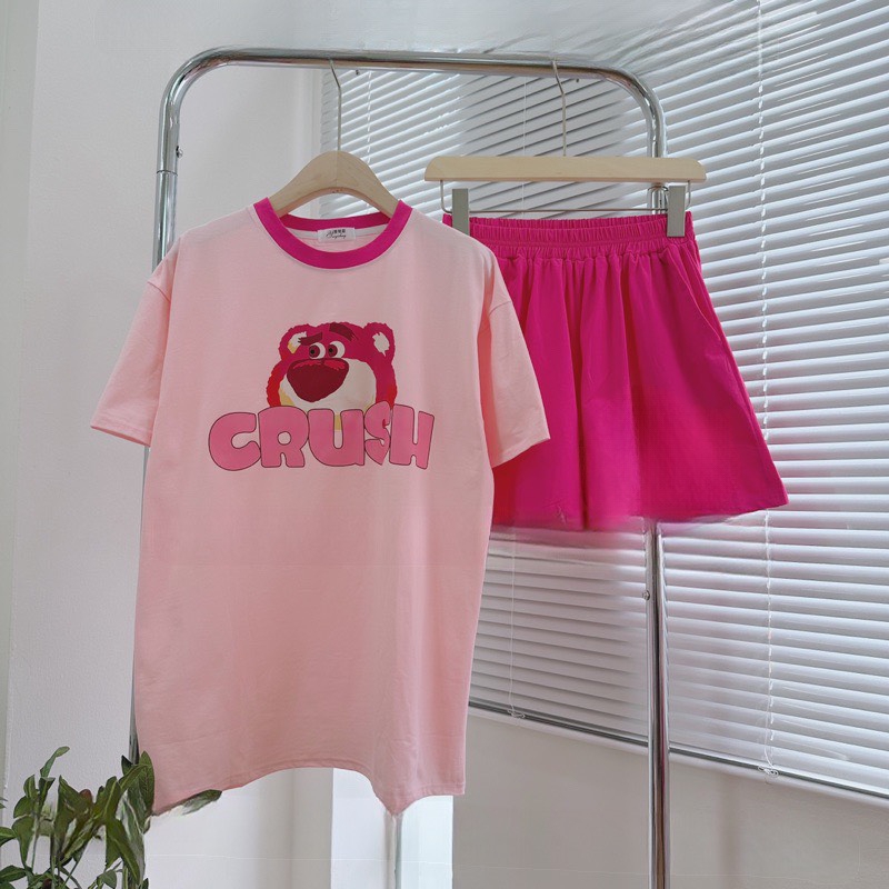 Đồ bé gái, set bộ cộc tay bé gái GẤU DÂU CRUSH chất cotton mịn mát, bộ quần áo bé gái mùa hè