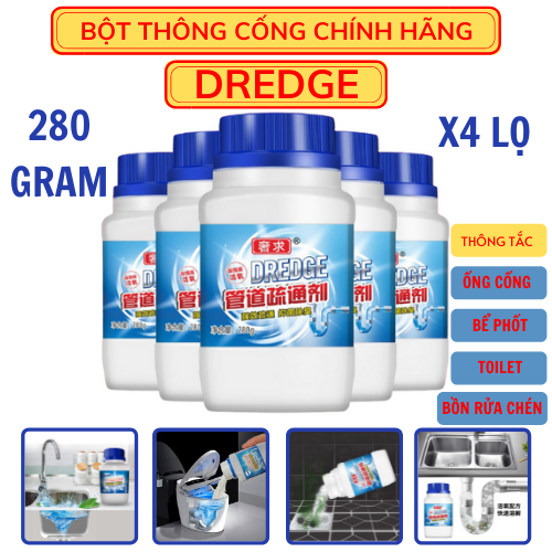 [HCM][CHÍNH HÃNG] COMBO 4 CHAI BỘT THÔNG CỐNG CỰC MẠNH HÀNG CHÍNH HÃNG DREDGE -  THÔNG BỒN CẦU THẦN THÁNH THÔNG TẮC BỒN RỬA BÁT LAVABO NHANH CHÓNG DREDGE SIÊU THẦN THÁNH 280G THẾ HỆ MỚI NẠO VÉT KHỬ TRÙNG