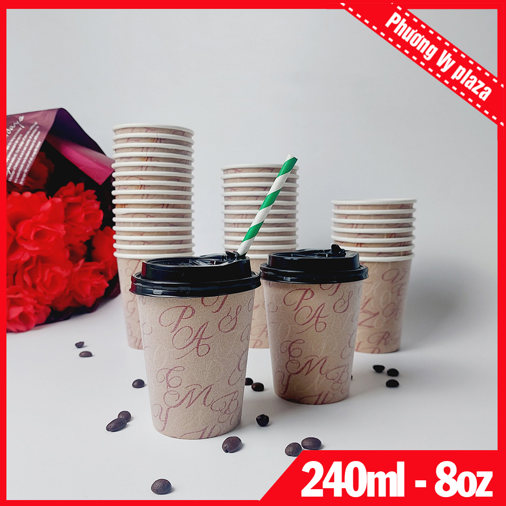 50 cốc giấy nâu nắp đen 240ml - 8oz nhập khẩu hàn quốc