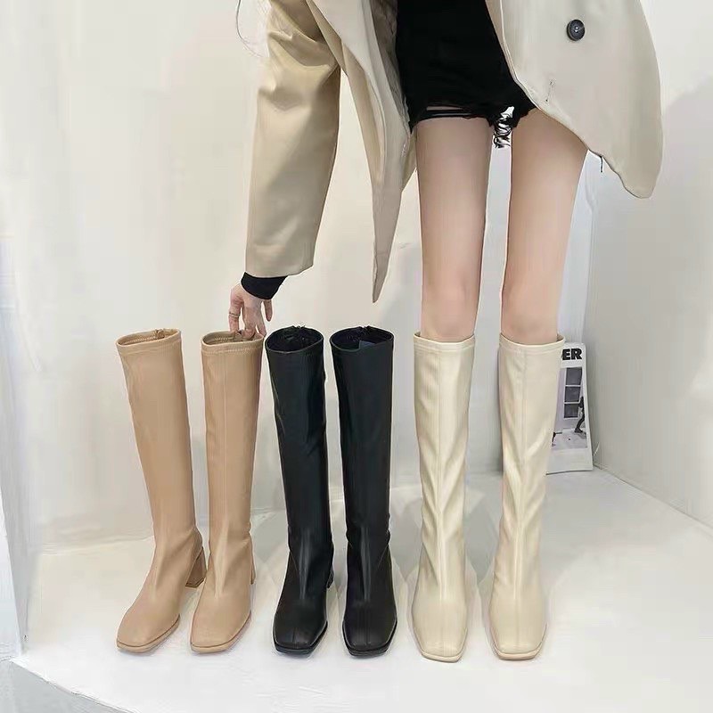 Giày bốt nữ da mềm cao cổ 2 màu phong cách thời trang sành điệu