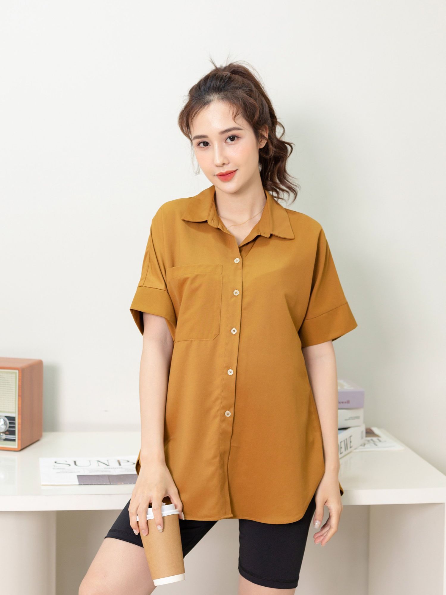Đầm bầu sachimom - áo sơmi bầu tay ngắn olwen shirt