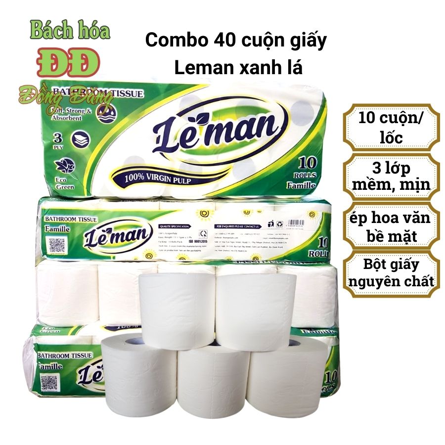 Combo giấy vệ sinh leman xanh lá 3 lớp - 10 cuộn/ lốc