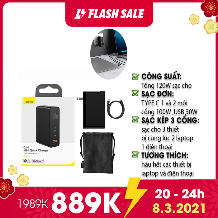 Bộ sạc nhanh { GaN mini quick charger C+C+U 120W } kèm 1 cáp loại C PD . Củ sạc USB C Sạc QC4.0 QC3.0 cho 2 laptop và một điện thoại cùng lúc . 2 màu trắng đen  chân sạc tròn và dẹp