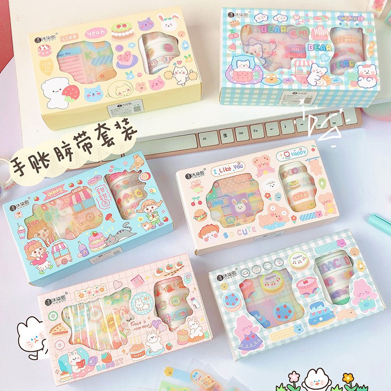 Hộp 5 cuộn washi tape và 10 tờ sticker dán ánh nhũ siêu đẹp