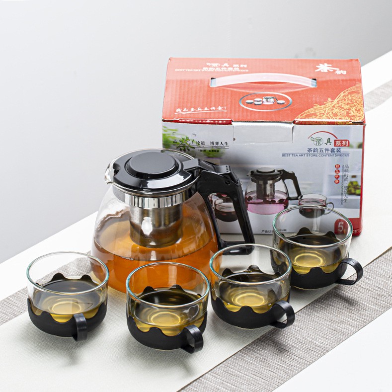 Bộ ấm trà thuỷ tinh 5 món - đến ly nhựa abs chống va đập