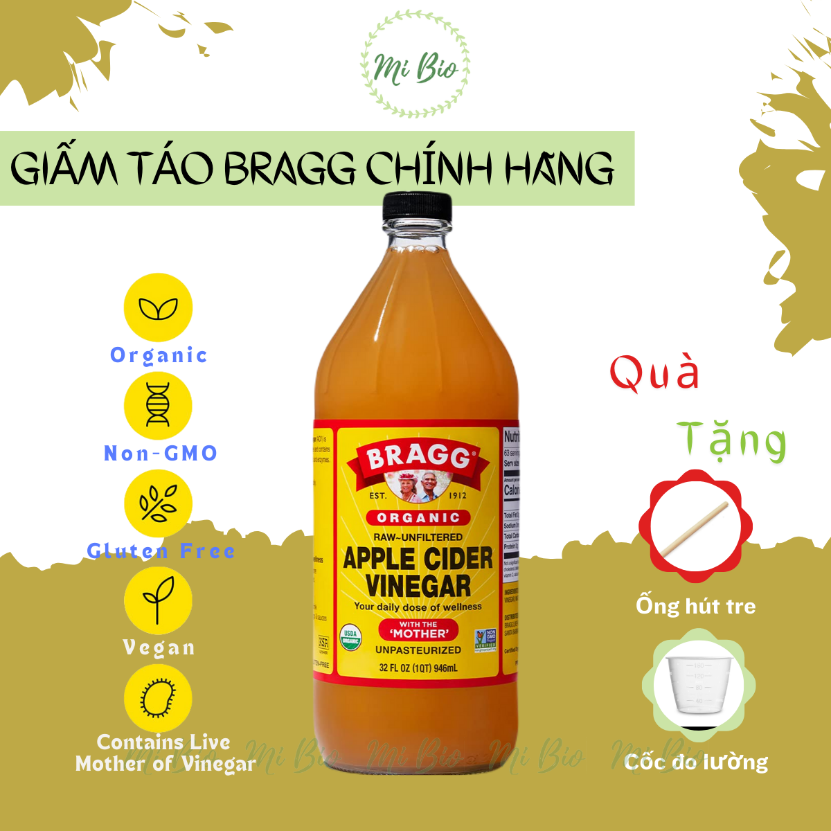 Giấm táo hữu cơ có giấm mẹ chai 946ml Bragg - Raw Apple Cider Vinegar Organic (Bragg - USA)