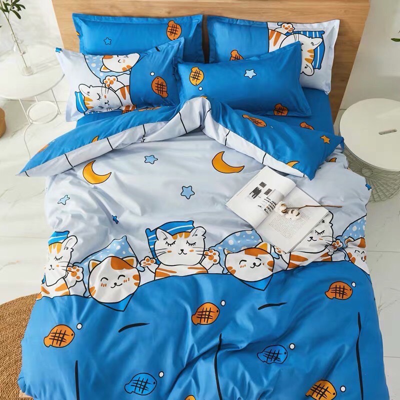 Bộ ga gối cotton hình con Mèo 1m6-1m8 set 5 món mền chần bông