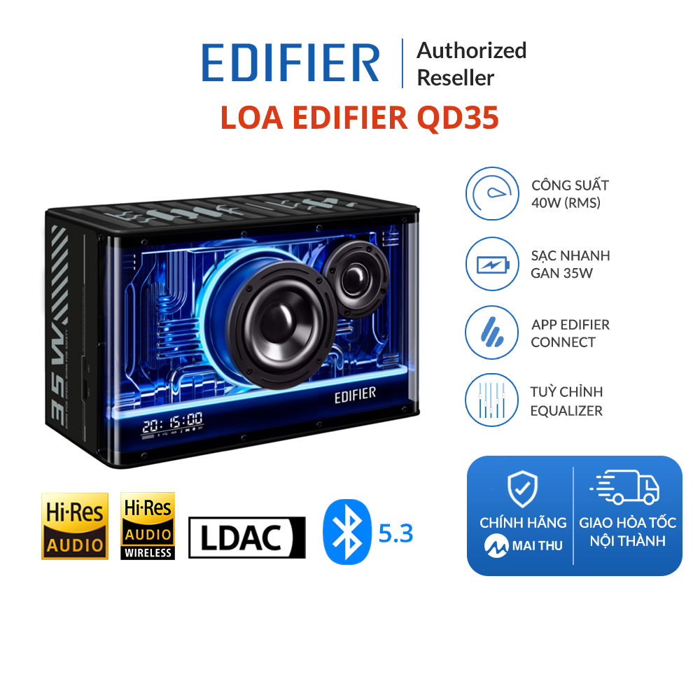 Loa edifier qd35 - bluetooth v5.3 ldac - hi-res audio wireless - sạc nhanh turbogan - công nghệ dsp - hiệu ứng led đẹp - tuỳ chỉnh equalizer - app edifierconnect - công suất 40w - chính hãng maithu - bh 12t