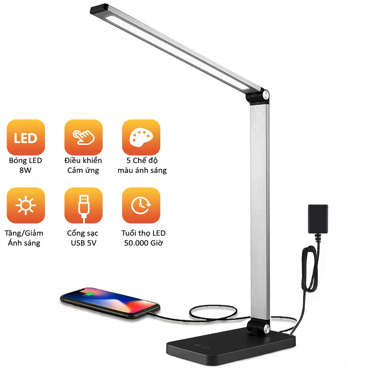 Đèn học chống cận Led 5 chế độ sáng 8W, Chức năng sạc điện thoại không dây, Gập gọn đa năng, Cổng sạc USB 5V.1A - MT856