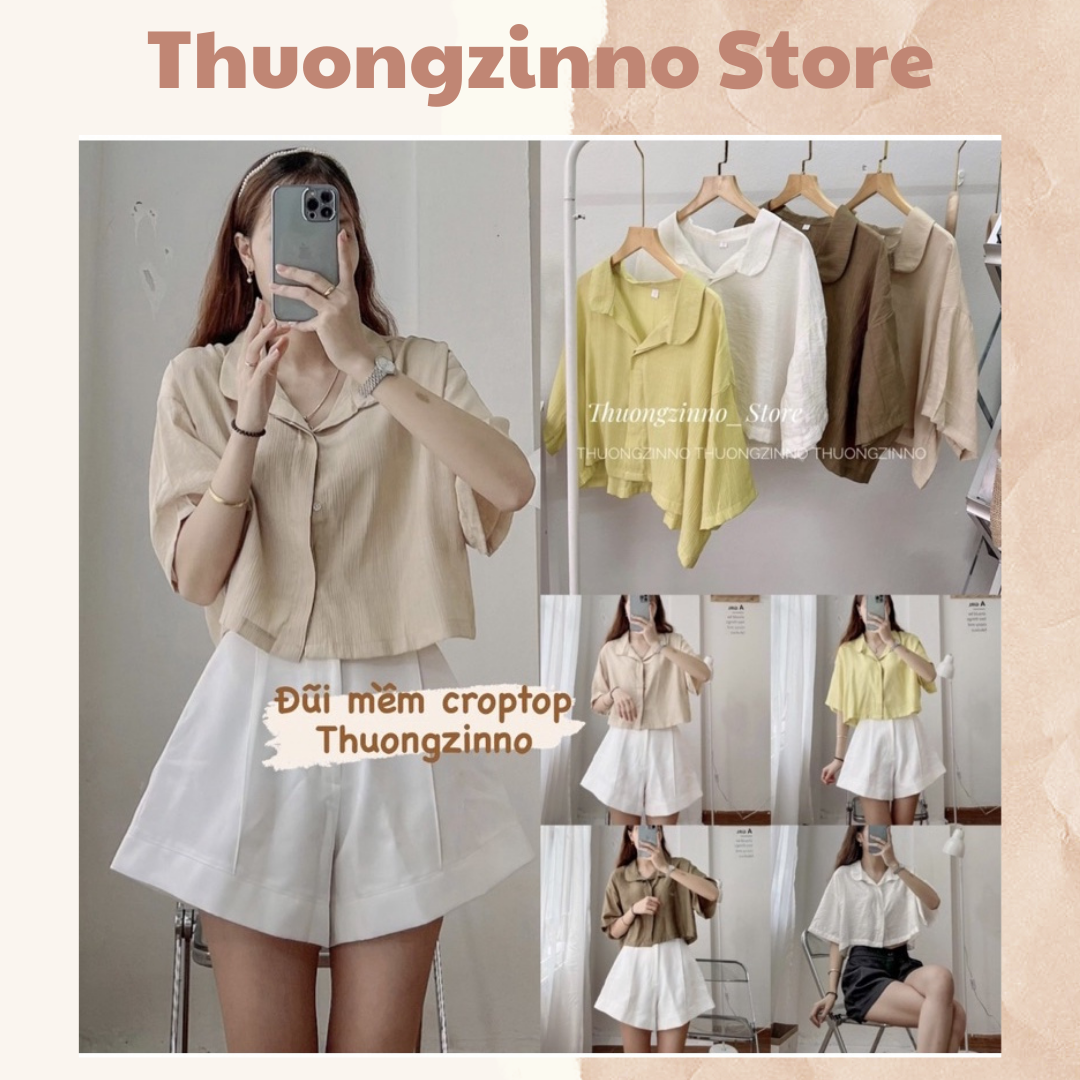 Áo sơ mi croptop thiết kế cổ sen chất lụa nhăn hàn quốc