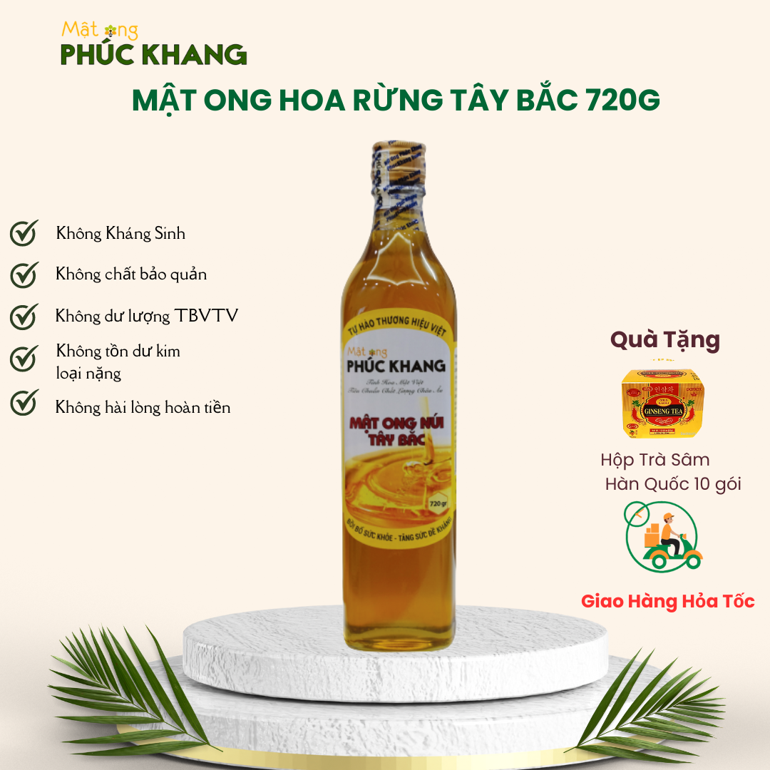 Mật Ong Rừng Tây Bắc Phúc Khang chai 720G/Chai, mật ong rừng tự nhiên, nguyên chất, cao cấp, đạt chuẩn quốc tế